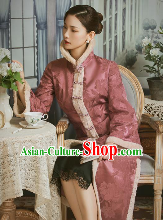 Chinese National Cotton Wadded Coat Tang Suit Pink Gambiered Guangdong Gauze Overcoat Clothing