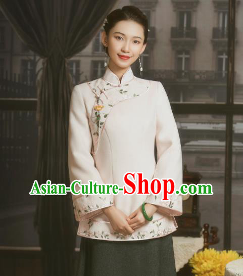Chinese Tang Suit Light Pink Woolen Jacket National Winter Upper Outer Garment Clothing