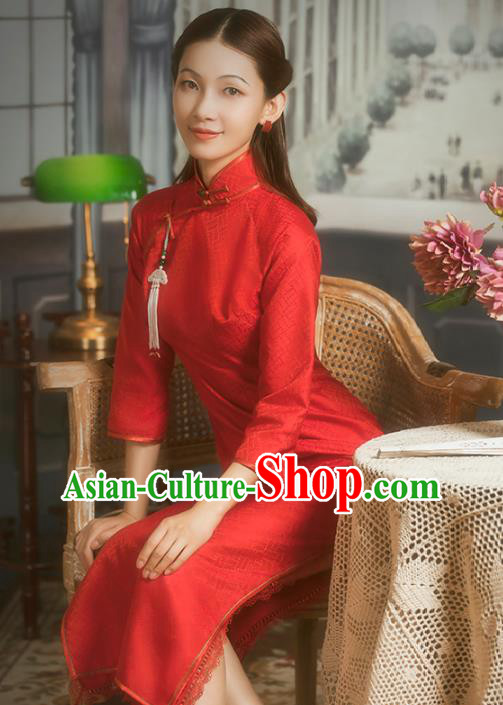 China Classical Wedding Bride Red Silk Cheongsam Traditional Minguo Shanghai Young Lady Qipao Dress