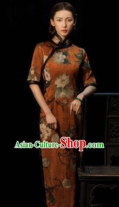 China Classical Printing Flowers Silk Cheongsam Traditional Minguo Gambiered Guangdong Gauze Qipao Dress