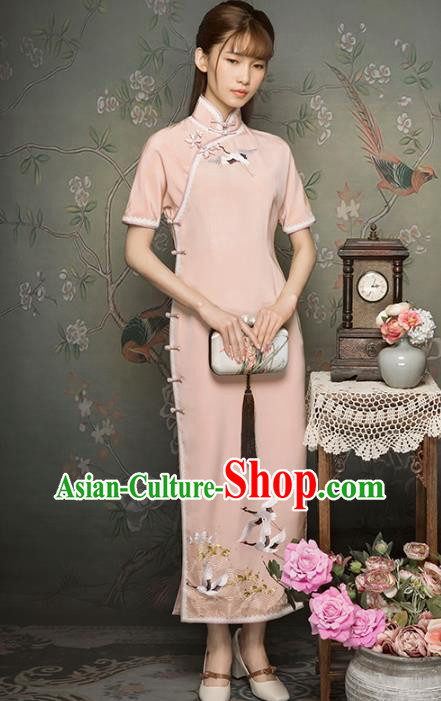 China Classical Embroidered Cranes Cheongsam Traditional Minguo Young Lady Light Pink Qipao Dress