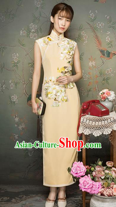 China Classical Apricot Silk Cheongsam Traditional Minguo Young Lady Suzhou Embroidered Mangnolia Qipao Dress