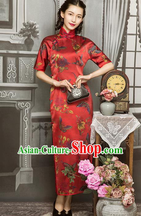 Republic of China Classical Butterfly Pattern Silk Cheongsam Traditional Minguo Wedding Mother Red Qipao Dress