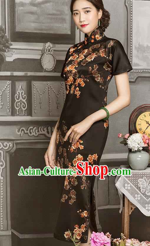 China Classical Shanghai Rich Woman Cheongsam Traditional Minguo Young Mistress Black Silk Qipao Dress