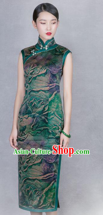 China Classical Green Gambiered Guangdong Gauze Cheongsam Traditional Lotus Pattern Silk Qipao Dress