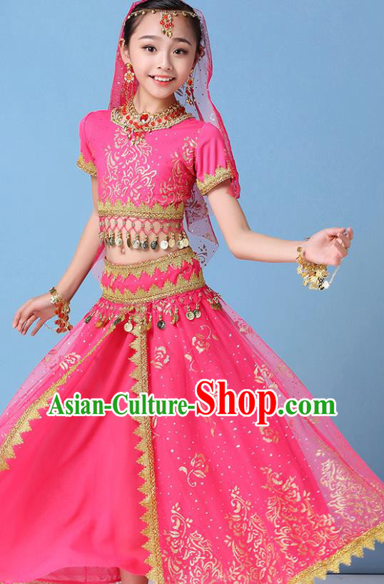 Indian Girls Belly Dance Pink Uniforms Bollywood Performance Top and Skirt Children Dance Clothing