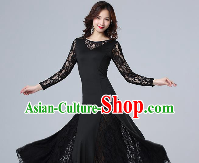 Top Modern Dance Clothing Ballroom Waltz Dance Black Lace Dress Stage Performance Fashion