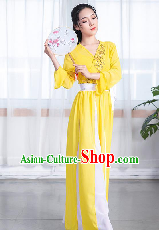 China Umbrella Dance Training Clothing Classical Dance Yellow Chiffon Dress Stage Performance Fashion