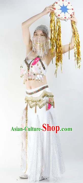 Indian Bollywood Dance Performance Clothing Belly Dance White Uniforms Tianzhu Princess Tassel Bra and Skirt