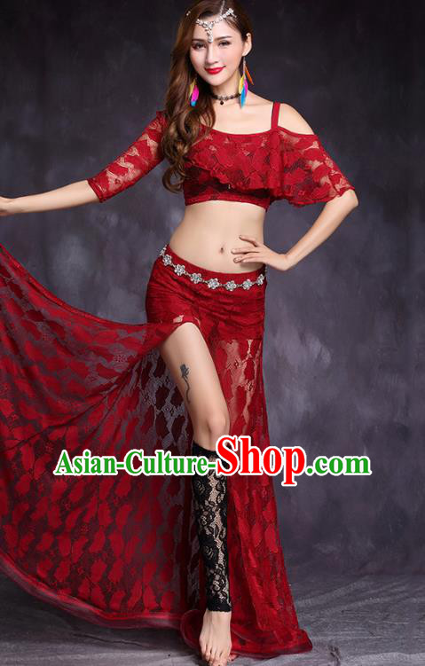 Asian Oriental Dance Uniforms Professional Belly Dance Stage Performance Costume Indian Raks Sharki Red Lace Top and Skirt