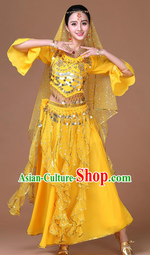 Indian Princess Dance Sequins Blouse and Skirt Belly Dance Yellow Uniforms Bollywood Sexy Dance Clothing