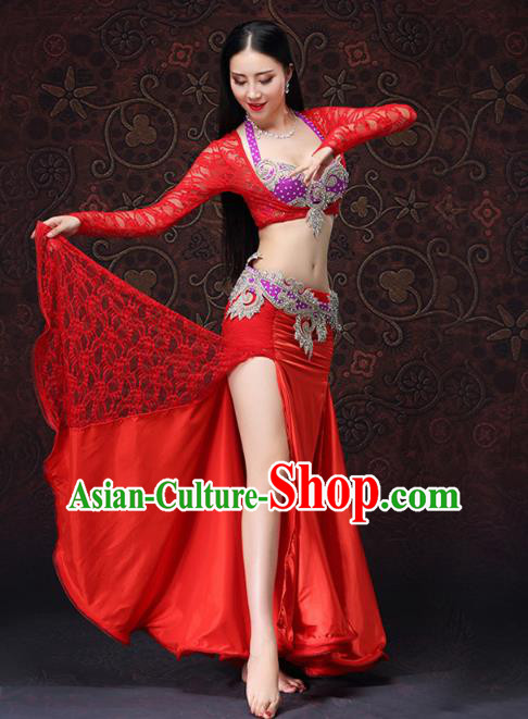 Indian Performance Uniforms Asian Belly Dance Costumes Oriental Dance Bra and Red Lace Skirt