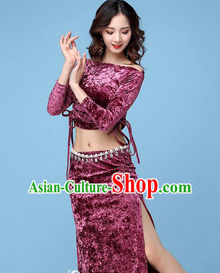 Professional Indian Belly Dance Blouse and Skirt Asian Oriental Dance Purple Velvet Apparels Stage Performance Costume