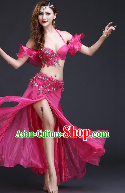 Asian Belly Dance Training Costumes Indian Oriental Dance Rosy Bra and Skirt Uniforms