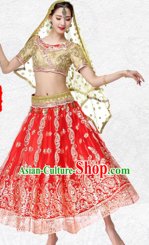 Indian Belly Dance Costume Golden Top and Red Skirt Asian Traditional Bollywood Performance Dress