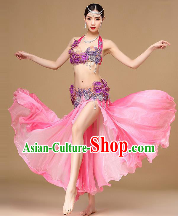Asian Oriental Dance Dress Clothing Indian Belly Dance Performance Flowers Bra and Pink Skirt