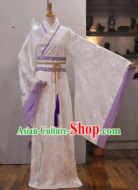 Chinese Han Dynasty Scholar Garment Costumes Ancient Nobility Childe Hanfu Clothing Drama Cosplay Crown Prince White Apparels