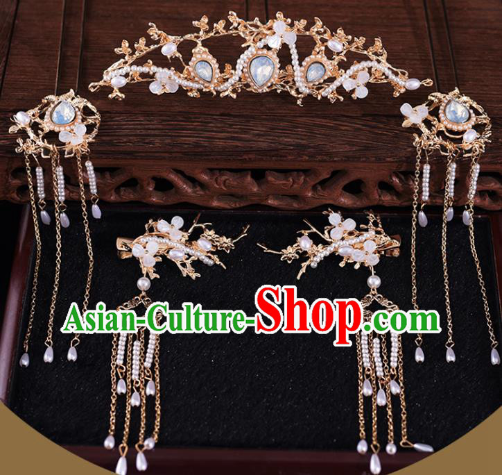 Chinese Bride Headdress Traditional Wedding Hair Accessories Classical Xiuhe Suit Hair Comb and Tassel Hair Claws