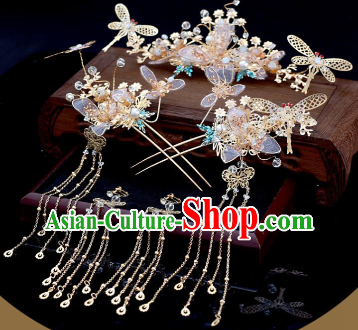 Chinese Traditional Wedding Hair Accessories Xiuhe Suit Golden Dragonfly Hair Comb Hairpins Classical Bride Headdress