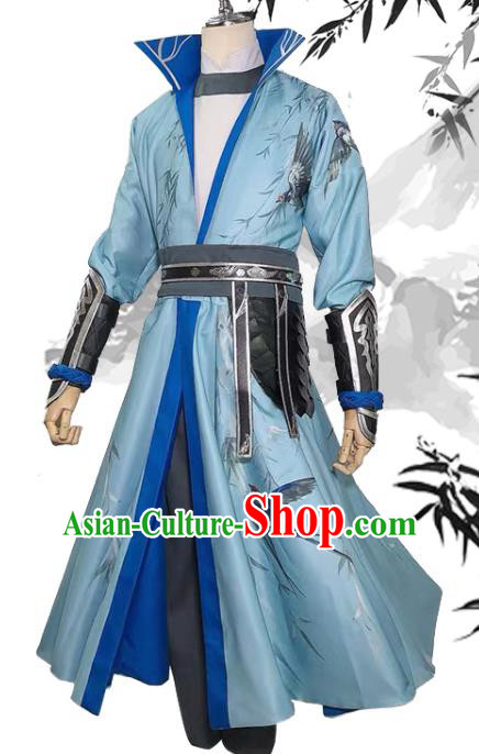 Chinese Tang Dynasty Beadle Garment Costumes Ancient Young Knight Clothing Cosplay Swordsman Blue Apparels