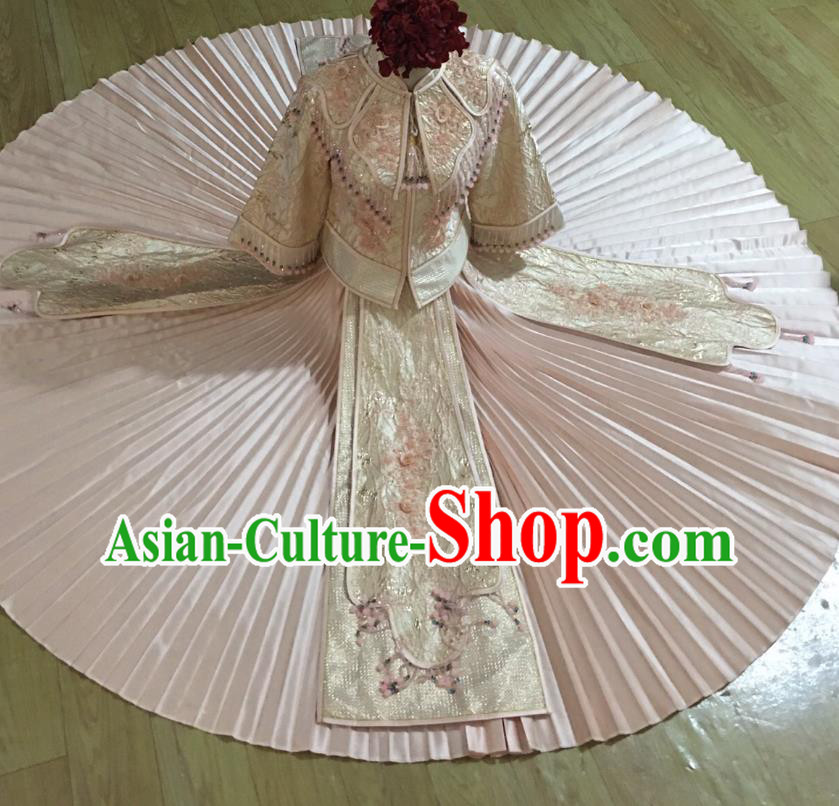 Chinese Traditional Wedding Garment Costumes Bride Pink Xiuhe Suits Hui Ethnic Woman Dress Clothing