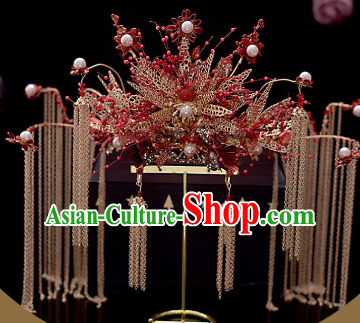Chinese Traditional Wedding Hair Accessories Xiuhe Suit Golden Tassel Hair Crown Classical Bride Phoenix Coronet Headdress