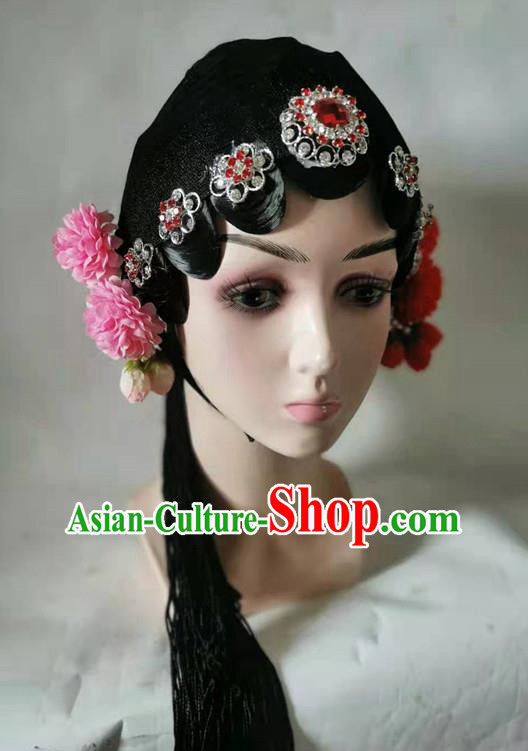 Chinese Beijing Opera Diva Headdress Classical Dance Hair Accessories Traditional Stage Performance Wigs and Red Crystal Hairpins