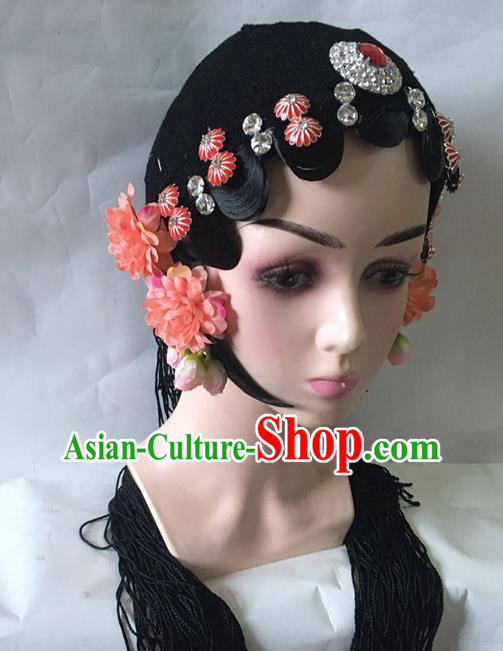 Chinese Stage Performance Headdress Classical Dance Hair Accessories Traditional Beijing Opera Actress Wigs and Red Hairpins