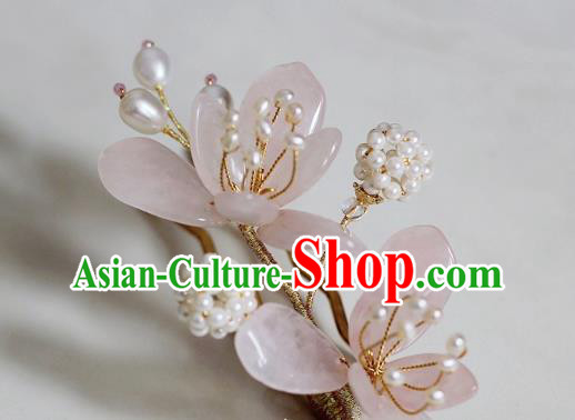 China Ming Dynasty Rose Quartz Mangnolia Hair Claws Traditional Hanfu Hair Accessories Ancient Princess Pearls Hairpin