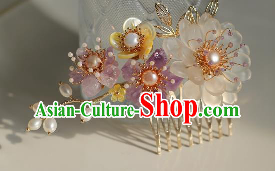 China Ancient Princess White Peony Hairpin Ming Dynasty Amethyst Plum Hair Comb Traditional Hanfu Hair Accessories