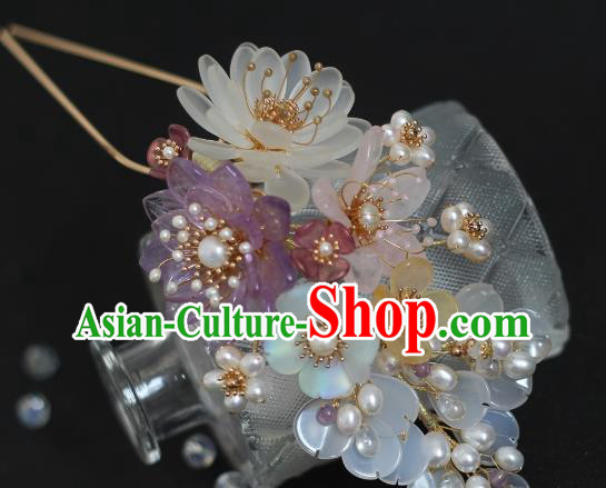 China Ming Dynasty White Chalcedony Hair Stick Traditional Hanfu Headpiece Ancient Princess Pearls Hairpin