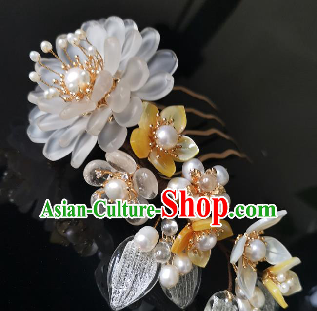 China Ancient Palace Lady Pearls Hairpin Ming Dynasty Shell Flowers Hair Comb Traditional Hanfu Hair Accessories