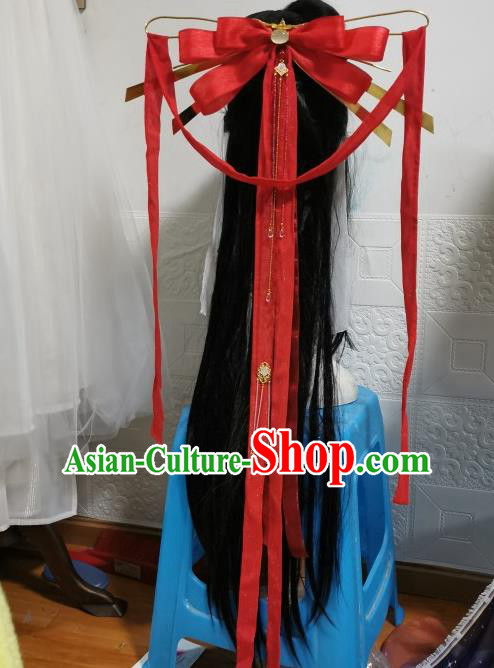 China Traditional Hanfu Cosplay Swordswoman Hair Accessories Ancient Young Beauty Headdress Handmade Red Ribbon Hair Crown