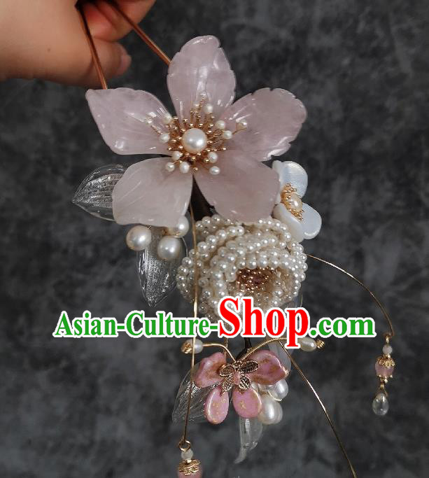 China Ancient Princess Peach Blossom Hairpin Ming Dynasty Pearls Hair Stick Traditional Hanfu Hair Accessories