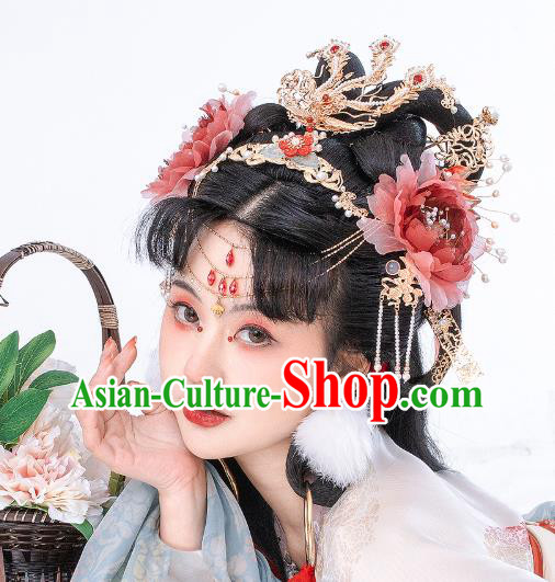 China Tang Dynasty Red Silk Peony Hair Stick Handmade Traditional Hanfu Hair Accessories Ancient Princess Hairpin