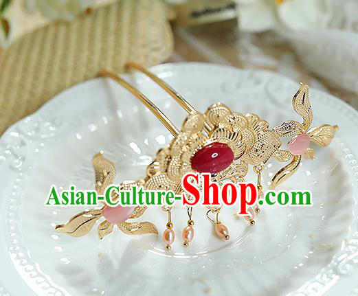 China Traditional Hanfu Hair Accessories Ancient Empress Hairpin Handmade Ming Dynasty Golden Peony Hair Stick