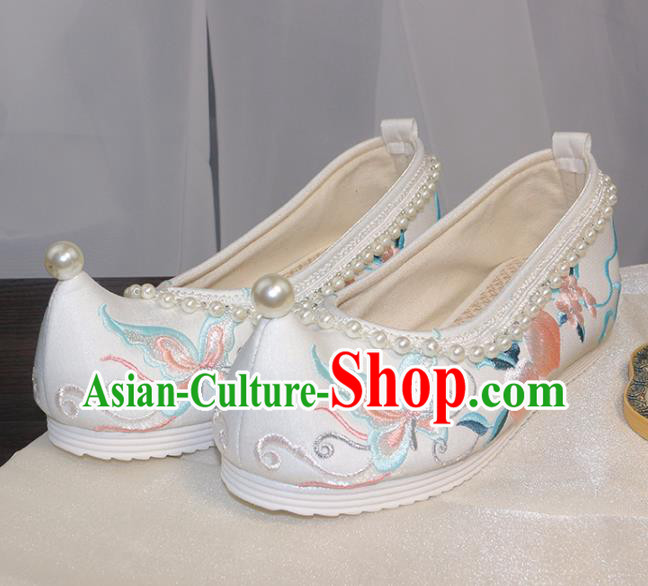 Chinese Traditional Hanfu Shoes Ancient Princess Shoes Ming Dynasty Embroidered Shoes Pearls Shoes