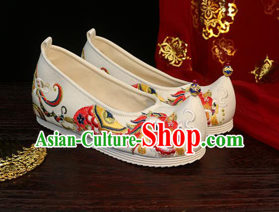 Chinese Traditional Ming Dynasty Hanfu Shoes Ancient Princess Bow Shoes Embroidered Lion Shoes White Satin Shoes