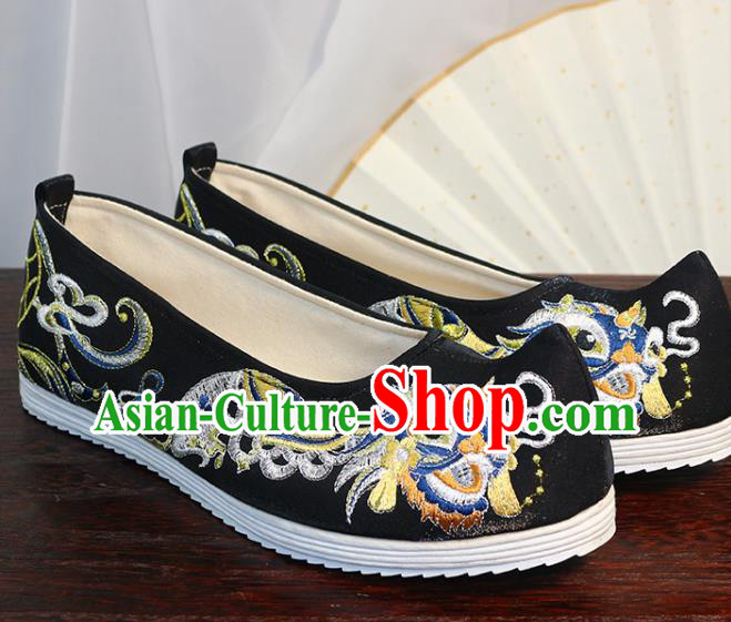 Chinese Black Satin Shoes Traditional Ming Dynasty Hanfu Shoes Ancient Princess Bow Shoes Embroidered Lion Shoes