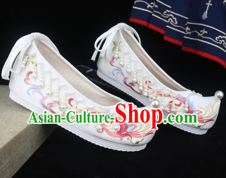 Chinese Traditional Ming Dynasty Hanfu Shoes Ancient Princess Bow Shoes Embroidered Shoes White Satin Shoes