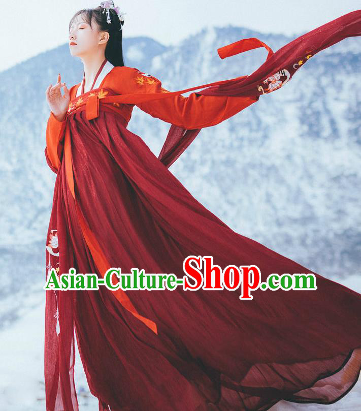 China Tang Dynasty Young Lady Historical Clothing Ancient Village Girl Red Hanfu Dress Traditional Garments