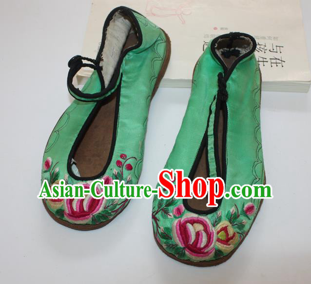 Chinese Traditional Embroidered Shoes Handmade National Woman Shoes Folk Dance Green Satin Shoes
