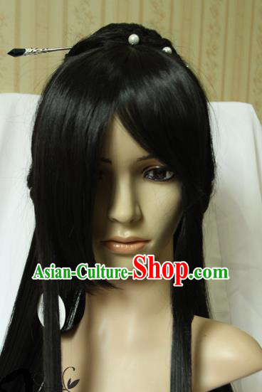 China Traditional Song Dynasty Young Woman Wigs Ancient Cosplay Swordswoman Hair Chignon Headdress