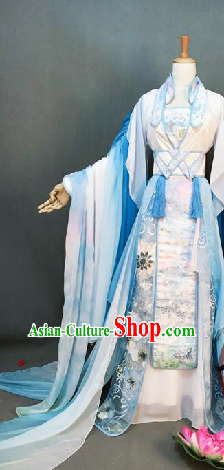 China Ancient Fairy Garments Traditional Jin Dynasty Princess Blue Hanfu Dress Cosplay Female Swordsman Jun Fu Clothing