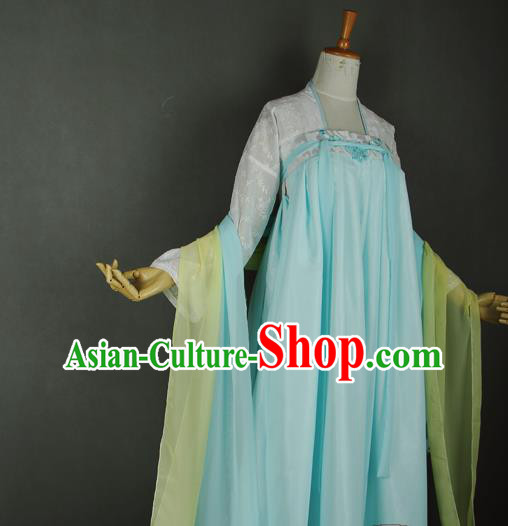 China Traditional Tang Dynasty Palace Lady Blue Hanfu Dress Cosplay Young Beauty Clothing Ancient Princess Garments