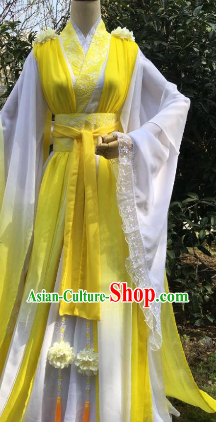China Ancient Goddess Yellow Garments Traditional Song Dynasty Princess Hanfu Dress Cosplay Fairy Hua Qiangu Clothing