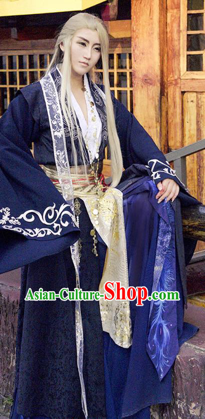 China Ancient Royal Highness Apparels Tang Dynasty Swordsman Garment Costumes Traditional Cosplay Dragon King Navy Hanfu Clothing