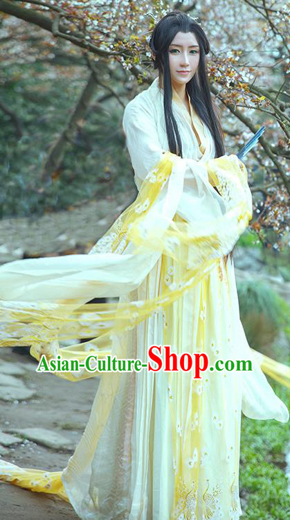 China Cosplay Female Swordsman Lei Chunlan Clothing Ancient Fairy Garments Traditional Jin Dynasty Princess Yellow Hanfu Dress