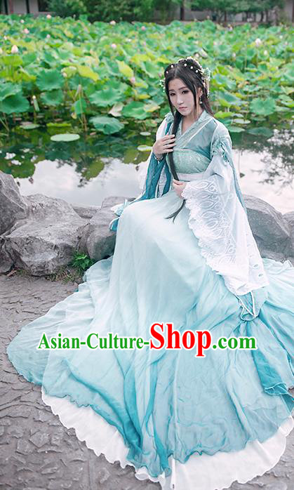 China Traditional Jin Dynasty Princess Blue Hanfu Dress Cosplay Swordswoman Clothing Ancient Water Goddess Garments