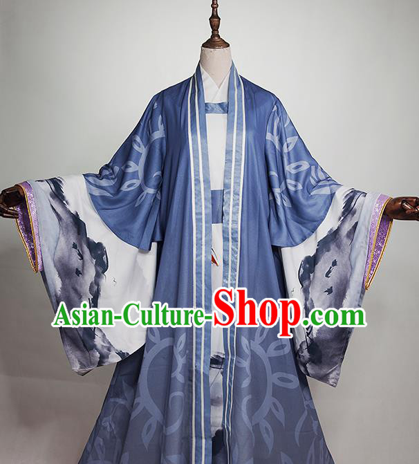 Chinese Cosplay Knight Blue Clothing Traditional Jin Dynasty Scholar Apparels Ancient Swordsman Garment Costumes